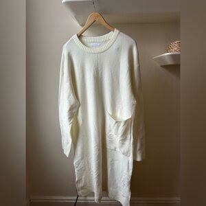 OAK + FORT Cream Crewneck Sweater Dress with Front Pocket